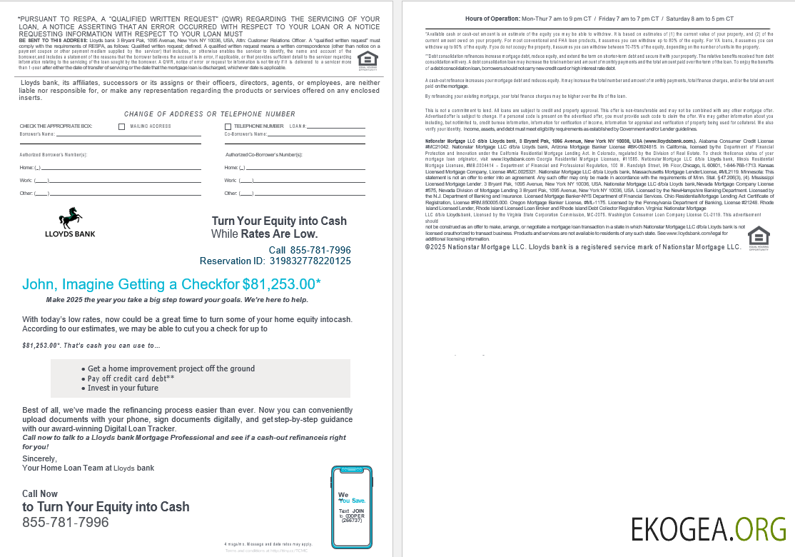 Relevé de prêt hypothécaire de la banque Lloyds des États , Unis aux formats Word et PDF, 4 pages 3, 4